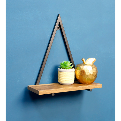 Stylish Dark Oak Triangle Wall Shelf Black Metal Frame Modern Storage Solution - Picture 8 of 8