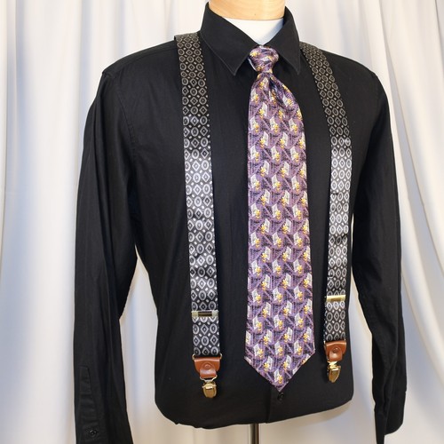 DARK HORSE Black Silver Gray Geometric Leather Fabric Men Clip Suspenders