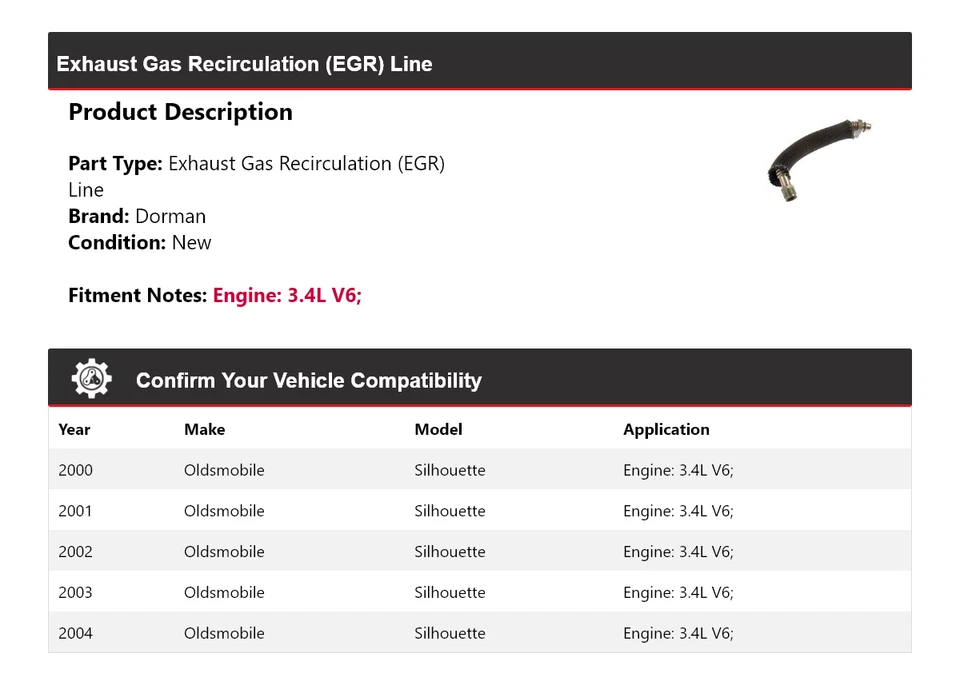 Para Oldsmobile Silhouette 2000-2004 3,4 L V6 Dorman EGR Line 2001 2002 2003 Foto 2 de 4