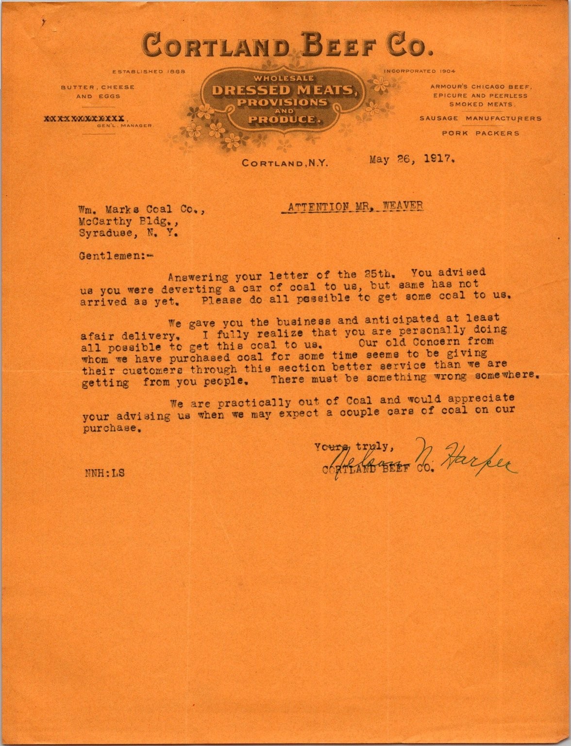 1917 Cortland Beef Co Letterhead Vintage Business Ephemera NY