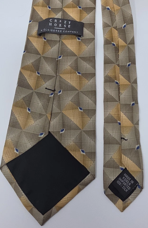Crazy Horse Claiborne Co. Necktie Mens Gold Silk Geometric Grid Pattern Formal - Image 3 of 4
