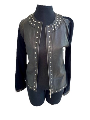 Caprice Women s Leather & Knit Combo Studded Jacket Double Zip Grunge Goth Y2K M