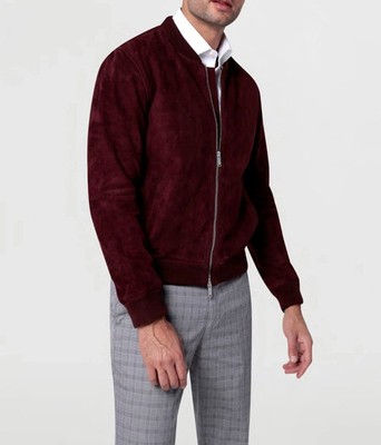 Mens Wine Red Suede Leather Jacket| Genuine Goat Suede Leather Bomber Jacket XL.