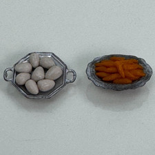 Lot Of 2 Dollhouse Miniature Silver Metal Serving Dishes With Carrots  Potatoes
