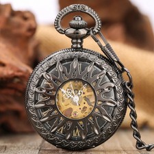 Men's Sun Hollow Mechanical Pocket Watch Vintage Style with Pendant Chain Gift
