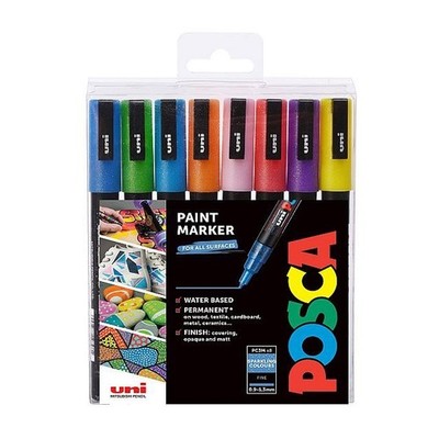POSCA PC3M Permanent Marker Paint Pens, 0.9-1.3mm, 8Pack Sparkling Colours, Fine