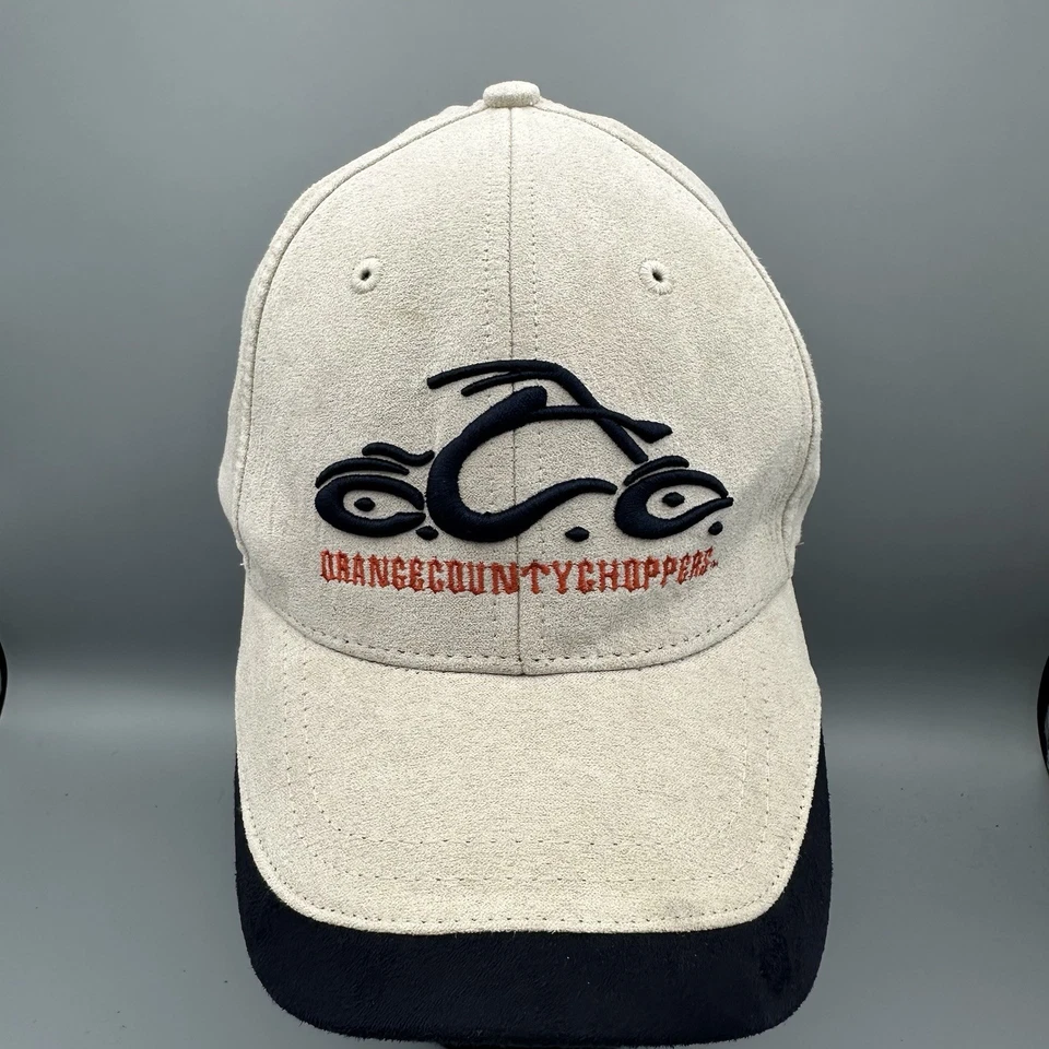 Vintage ORANGE COUNTY CHOPPERS BIO-DOMES Beige Navy Suede Logo Baseball Hat OSFM - Image 2 of 4