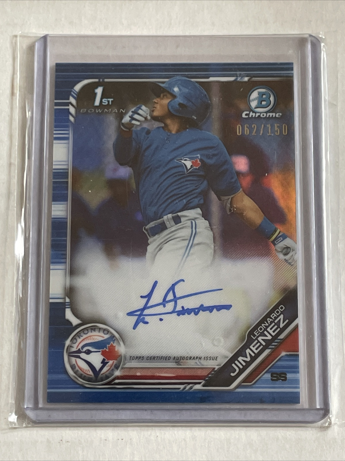 Leonardo Jimenez 2019 Bowman Chrome RC Blue Refractor /150 1st Auto Blue Jays