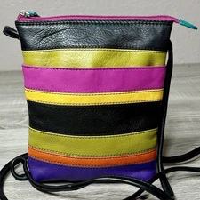 ili New York Multi-Colored Leather Striped Crossbody Mini Sac w/Pink Liner. EUC