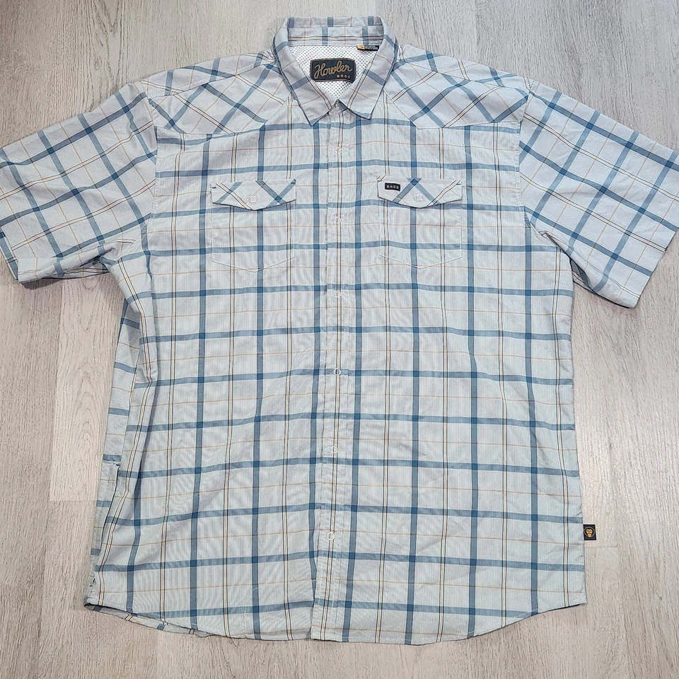 Howler Brothers Gr. XXL belüftetes Angelhemd Pearl Snap Outdoor kariert blau Camp