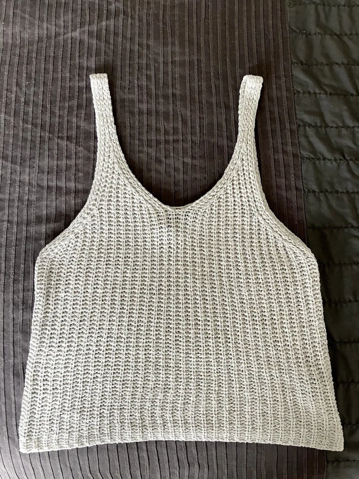 boho Large WEAVE CROCHETED DOUBLE V TAN tank Top Sweater SEXY! size: XS EUC! - Image 2 of 4
