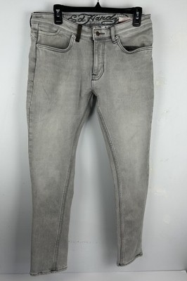 ED HARDY SKULLER Gray Wash Denim Straight Super Slim Jeans 34 Zip Fly