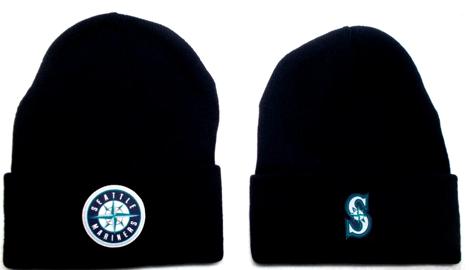 2 FOR 10.95! Seattle Mariners flat logos on 2 Navy beanie cap hat. See details