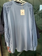 NWT Miholl Light Blue Waffle Weave Lace Detail Long Sleeve Top - Size XL