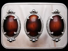 IK13117 VINTAGE 1970s  3 BROWN OVAL INSERTS  WESTERN STYLE BELT BUCKLE