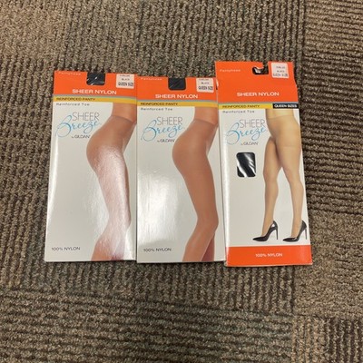 Pantyhose Sheer Nylon Breeze Black Size Queen Reinforced Panty. New. Set Of 3