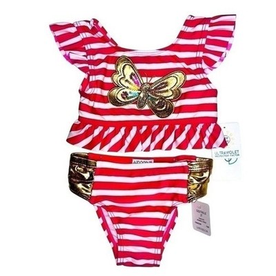 Flapdoodles 3T Girls 2 Piece Swimsuit Pink Gold Sequin Butterfly NWT