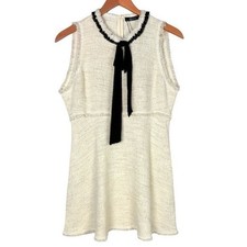 Zara Tweed Mini Sleeveless Dress BowCream & Black Preppy Coquette NWT Size L