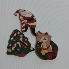 Vintage Needlepoint Ornaments Magnets Reindeer Santa Christmas Tree