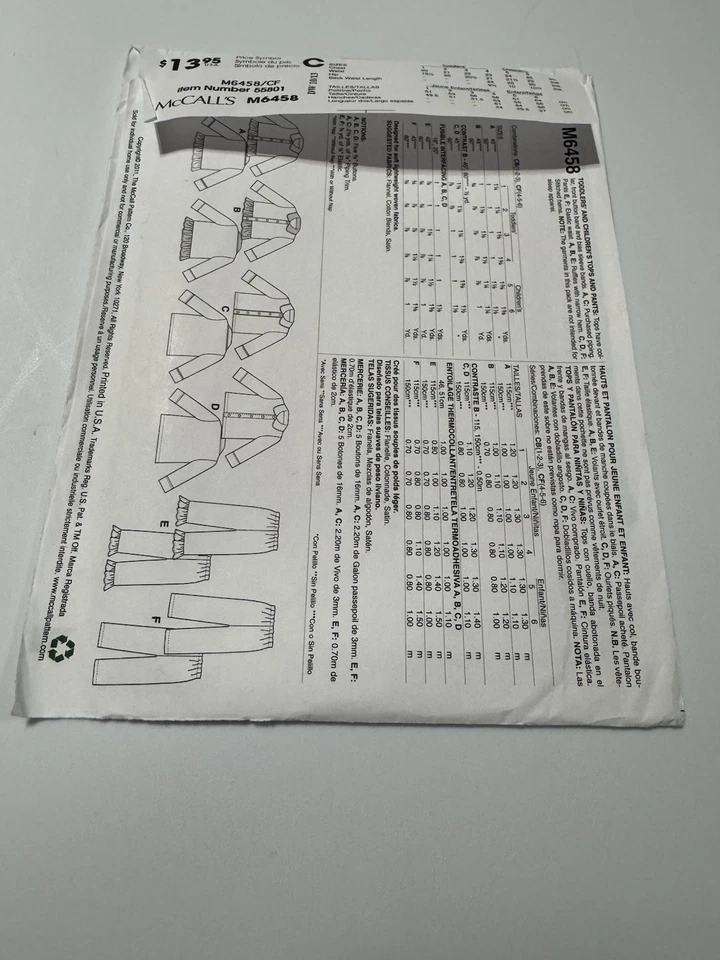 McCall's #6458 Size (4-5-6) NIP Toddler & Children's Tops & Pants Uncut FF - Image 2 of 3