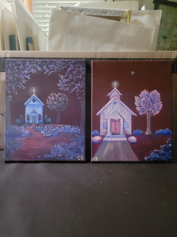 A pair of original 8x10 paintings "Little White Churches" by Cassandra Barnhart