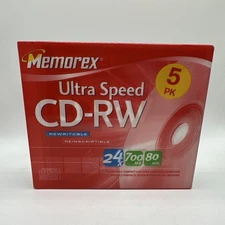 Memorex 5 Pack Rewritable Ultra Speed CD-RW  24x 700mb, 80 mins, New Sealed