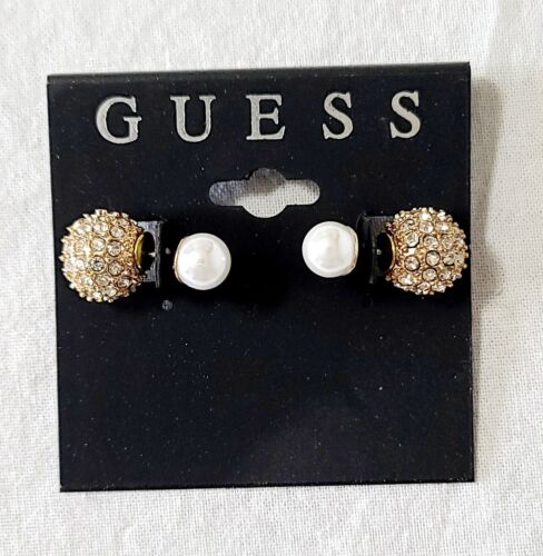 Guess Gold Tone Stud Earrings Faux Pearl And Clear Stones J5-1418 - Picture 1 of 5