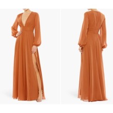 Ieena for Mac Duggal New Long Sleeve Chiffon Gown Terra Cotta Size 6 MSRP $398