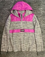Victoria's Secret Pink Quarter Zip Hoodie Anorak Marl Gray Dazzle Pink Nylon M