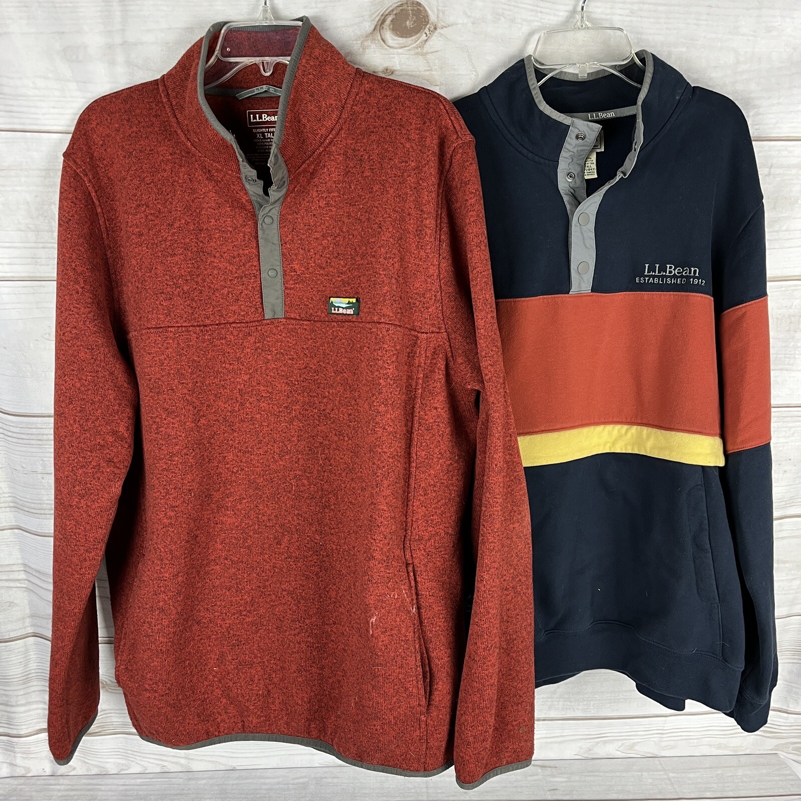 Lot of 2 L.L. Bean Men's XL Tall Snap Fleece Pullovers Brick Red Orange