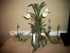 Italian Tole Hollywood Regency Chandelier Swag Lamp Tulips Verde Gris Italy Tag