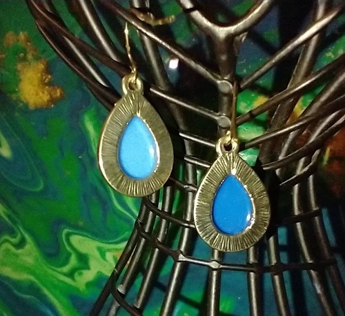 Gold And Blue Dangle Earrings - Picture 2 of 2