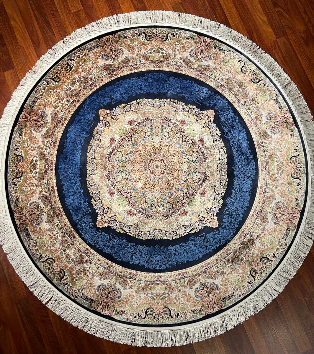 ラグ・カーペット 79cm ROUND ViNTAGE TURKiSH RUG 5x5 ft Blue Gold Silk Round Rug – Vintage Circle Rug