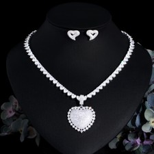 Bling Heart Cubic Zirconia Round Tennis Chain Necklace Earring Party Jewelry Set