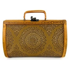 Vintage Wooden Box Purse Mid Century Embossed Leatherette Carved Frame Handbag