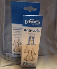 Dr. Brown's 6 Pk Natural Flow Anti-Colic Nipple Level 2 Medium Flow  3m+ NEW