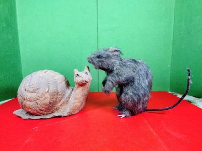 Vyg Primitive Folk Art Paper Mache Snail & Handmade Fur Rat Prop Figure  Decor