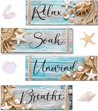 4 Pcs Ocean Beach Wood Relax Soak Unwind Breathe Art Sign Hanging Wooden For Dec
