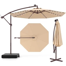 Patio 10FT Hanging Offset Umbrella 32 LED Lights Sand Bag Outdoor Cross Base