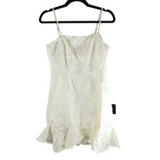 Lulus Dress Soiree Bound Ivory Floral Jacquard Ruffled Mini Dress Crochet Trim M