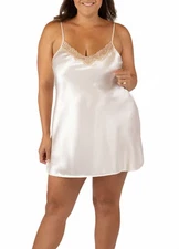 Shadowline Women's Nightgown Ivory Satin Short Chemise Vintage Lace Trim Slip