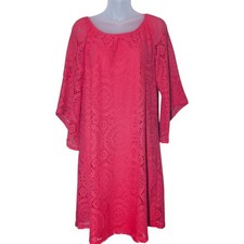 Tacera Medium Lace Lined Bright Pink 3/4 Bell Sleeve Knee Length Dress Festival