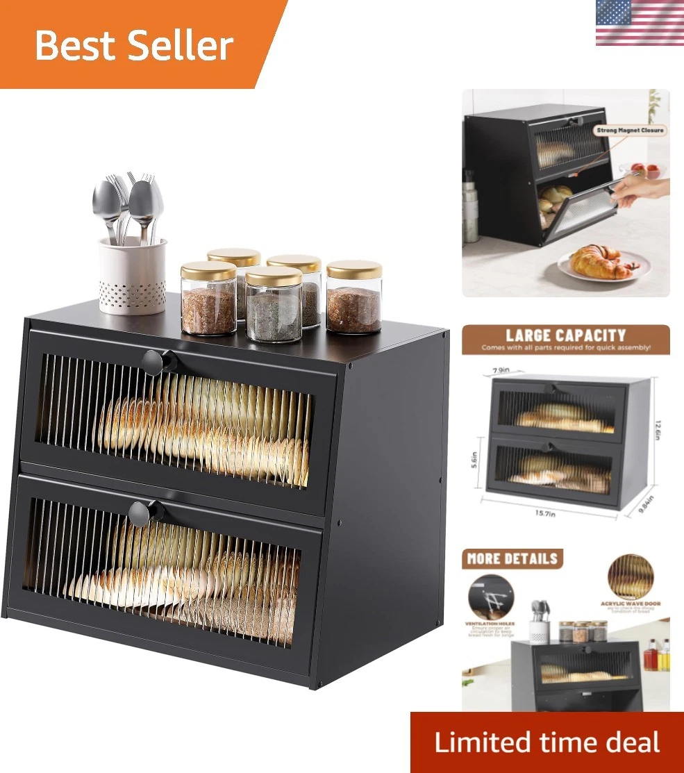 Extra Large Bamboo Bread Box - Stylish 2 Layer Organizer for Kitchen Counter