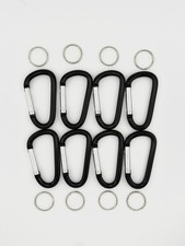 3" D Shape Black Aluminum Carabiner Spring Gate Key Chain w/ Key Ring - 8 pcs