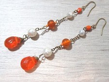 VERY LONG CHAIN PIERCED EARRINGS ORANGE GLASS BEAD AND FAUX PEARL 