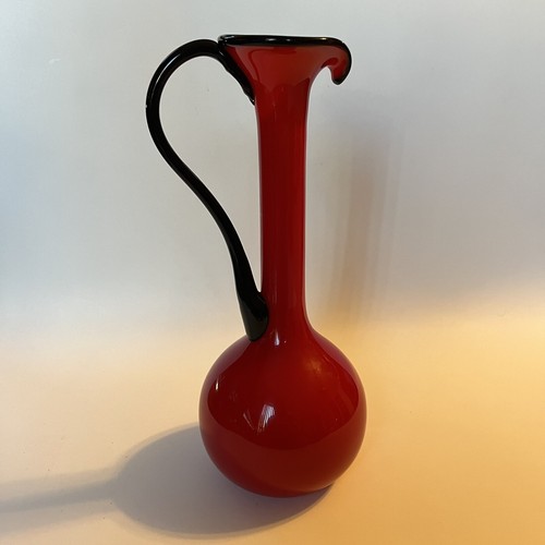 Tango Art Glass Cased Pitcher Vase Red w/Black Applied Handle Rim White Interior - Picture 7 of 15