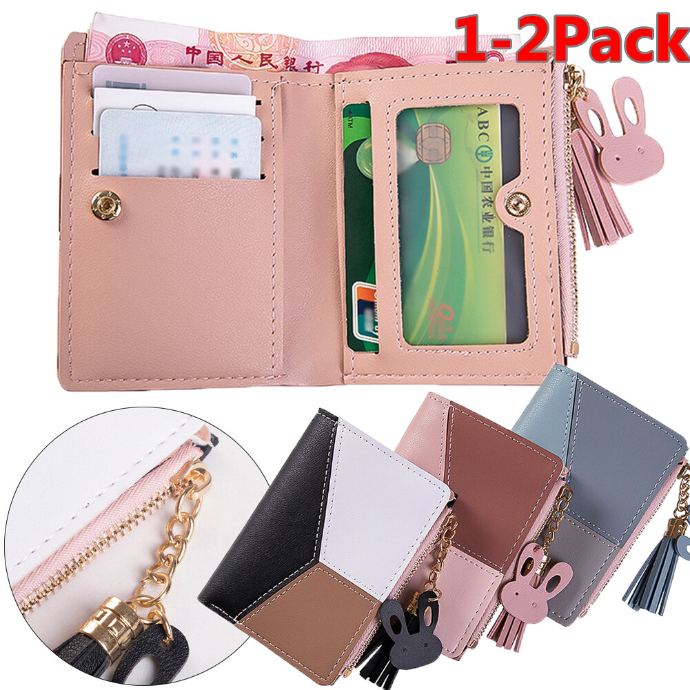1-2Pcs Women Leather Small Wallet Zipper Change Pocket Credit Card Holder  Wallet