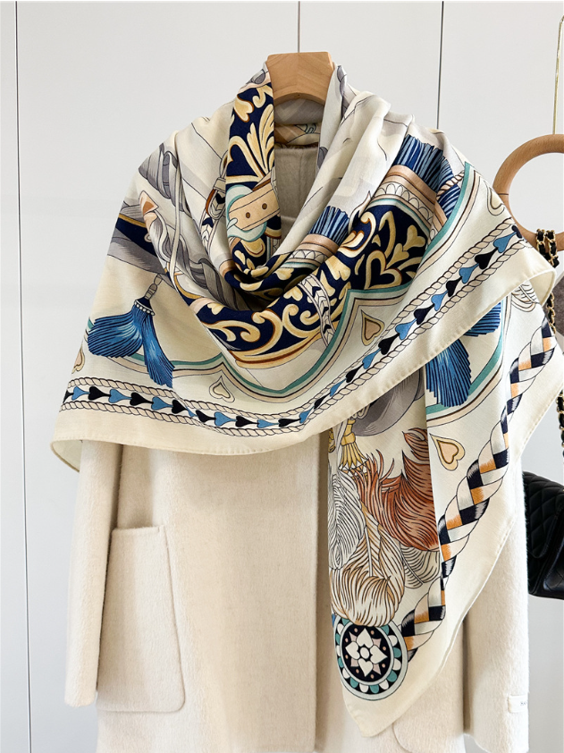 70% Cashmere 30% Silk Double Horse Print Shawl Wrap Scarf 53 Inches Double Faced