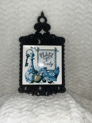 Cast Iron Trivet Blue Green Peace and Plenty Tile Vintage Made Japan Country
