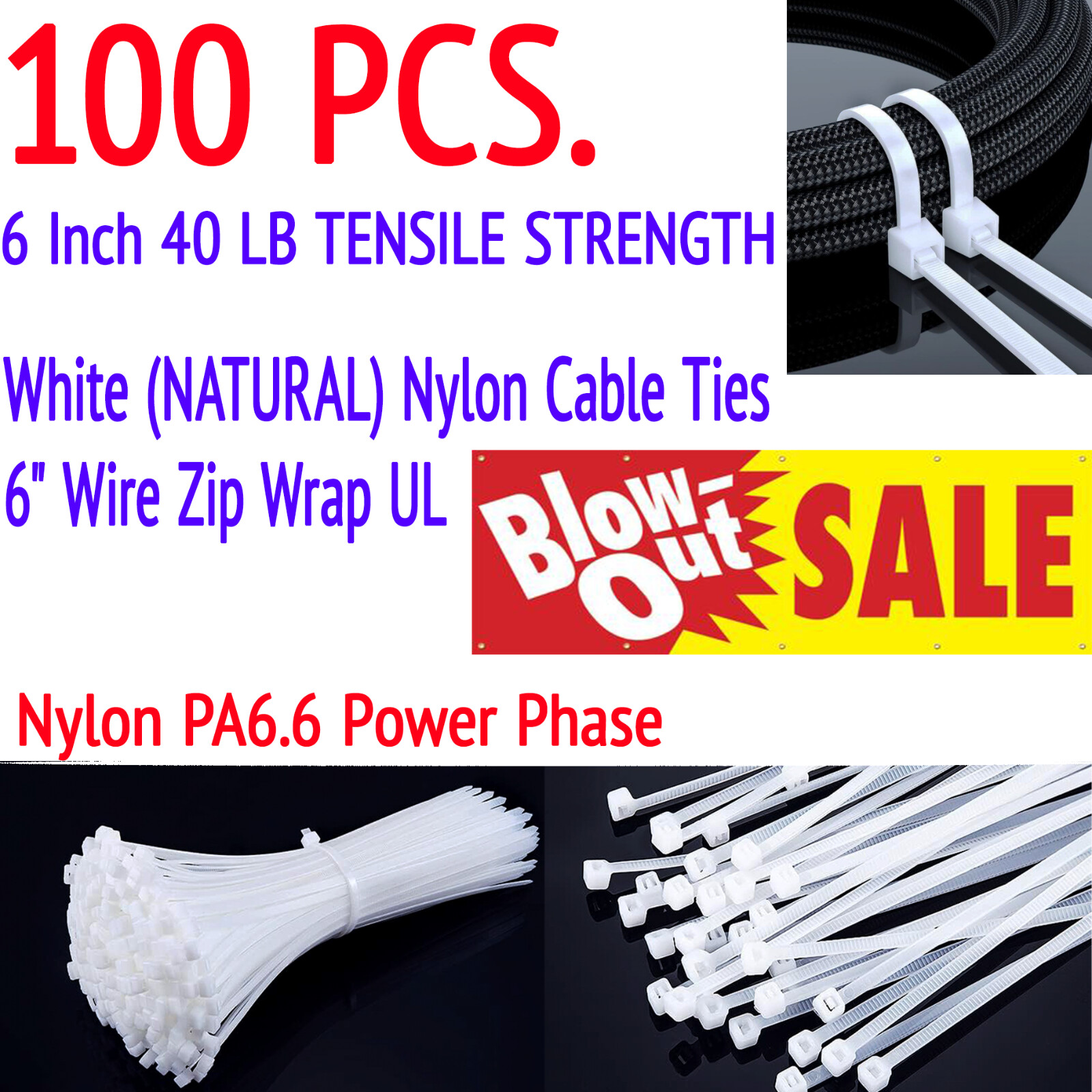 White Nylon Cable Ties 6 Inch 40 LB Tensile Strength UL Listed 100 Pack